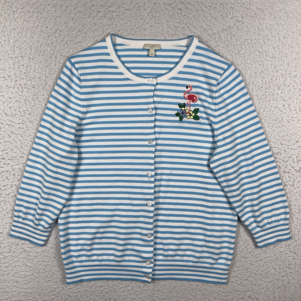 Talbots Sweater‎ Womens Large White Blue Stripes 3/4 Sleeve Cardigan Flamingo